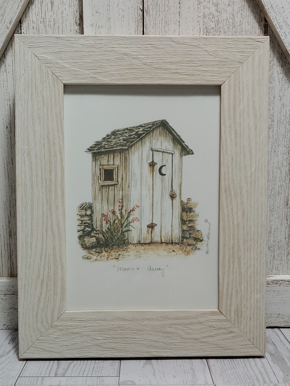 Outhouse with Moon & Red Flowers Wooden Framed Picture Country Farmhouse Decor